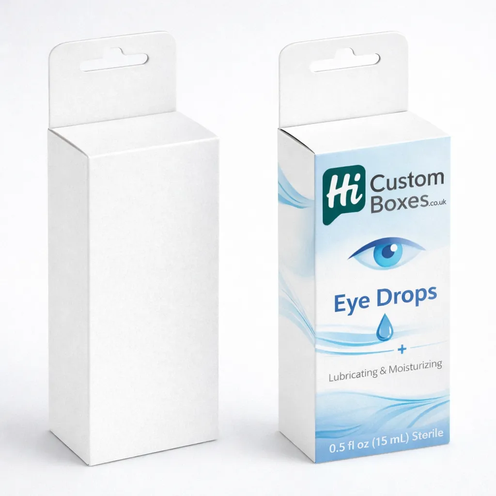 Two rectangular hinged-lid boxes, one plain white and one featuring professional blue and white medical designs. class=